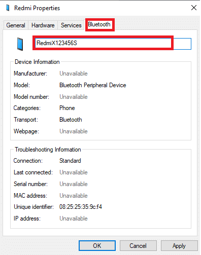 A new window will pop up, where under the Bluetooth tab, you will see the default name of your connected device
