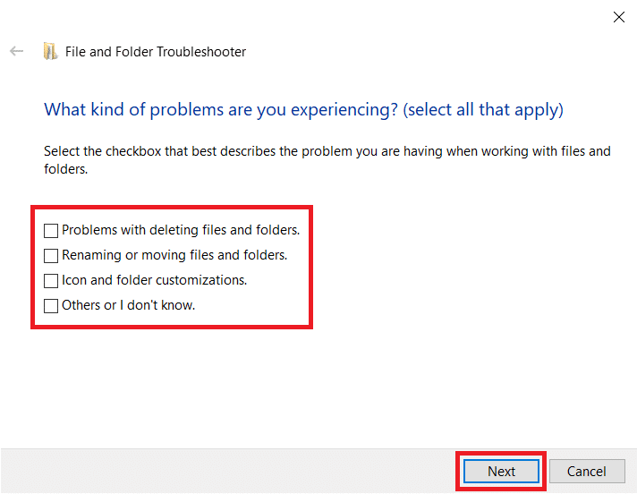 A window inquiring about the problems being experienced will appear and finally click on Next