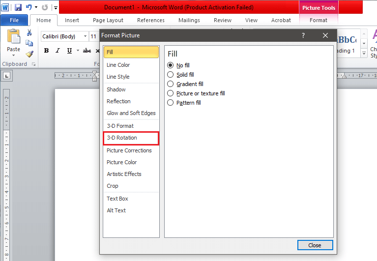 A ‘Format Picture’ settings box will pop up, in its menu select ‘3-D Rotation’