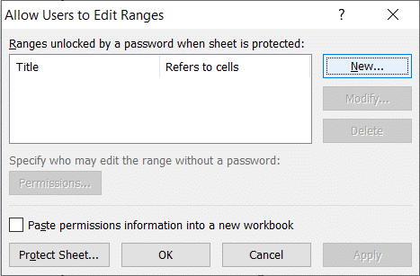 A ‘New Range’ dialog box appears with Title, Refers to cells, and Range password field.