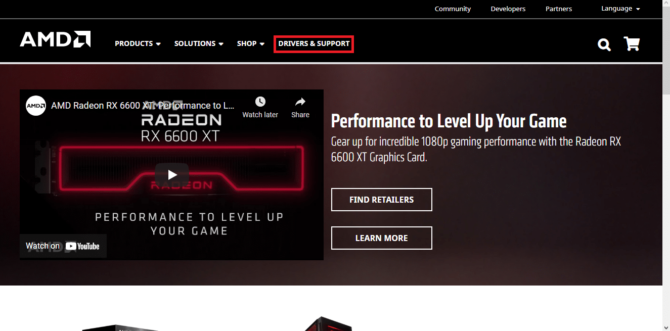 Веб-страница AMD. нажмите Драйверы и поддержка