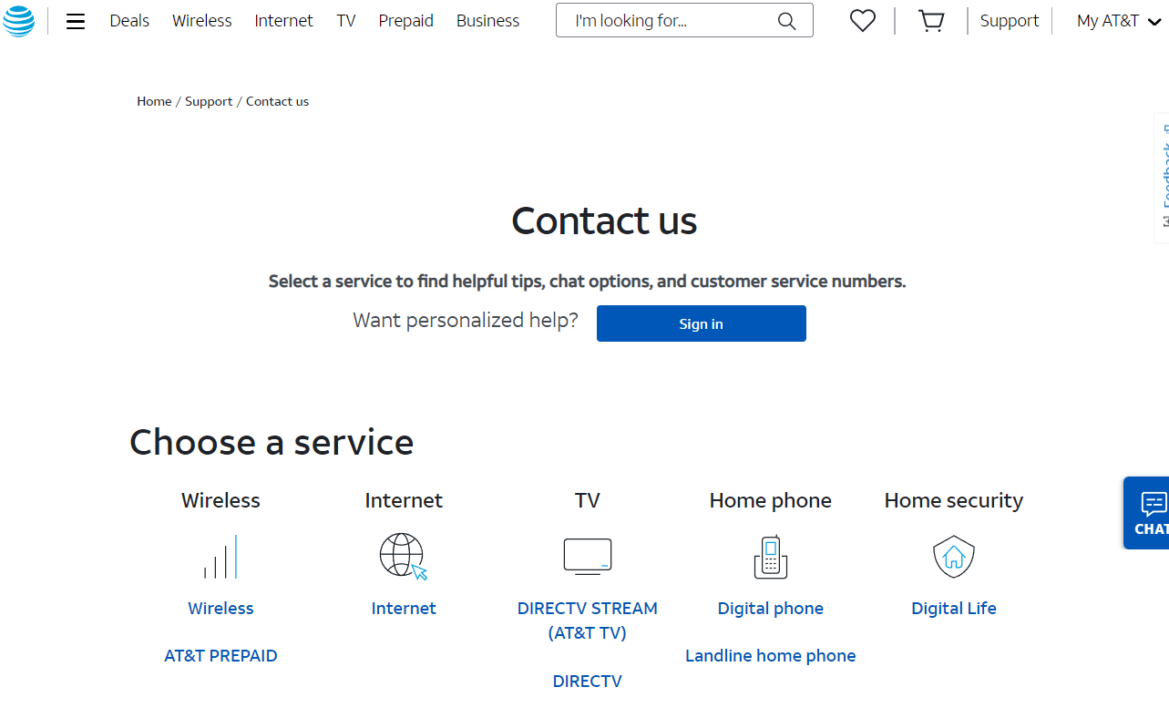 AT&T customer service page