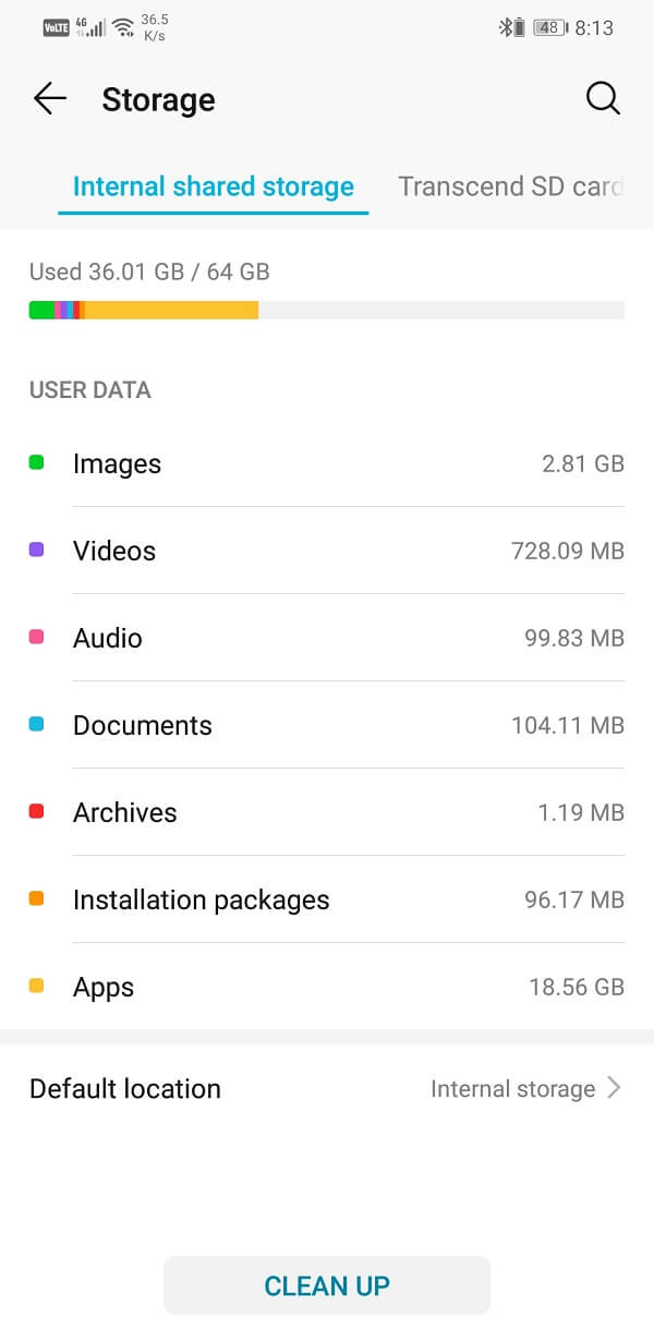 Able to see how much Internal storage space has been used up