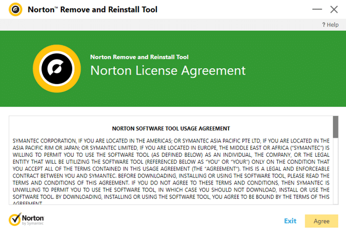 Accept the End License Agreement (EULA) in Norton Remove and Reinstall Tool
