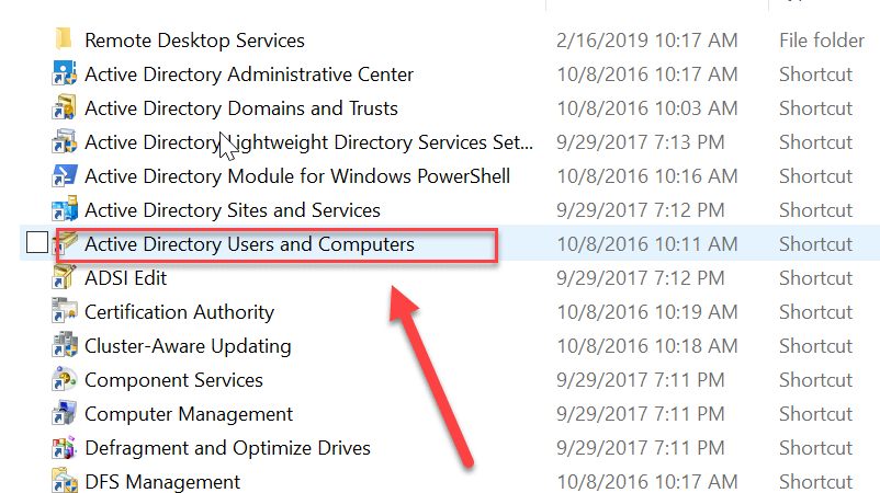 Active Directory Users and Computers under Administrative Tools