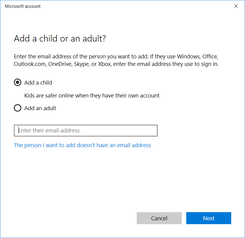 Add a child or an adult on your Windows 10 PC Account