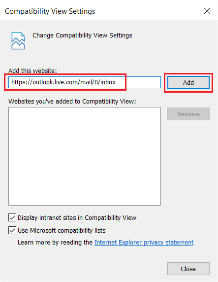 Add the same link in Compatibility View Settings and click on Add
