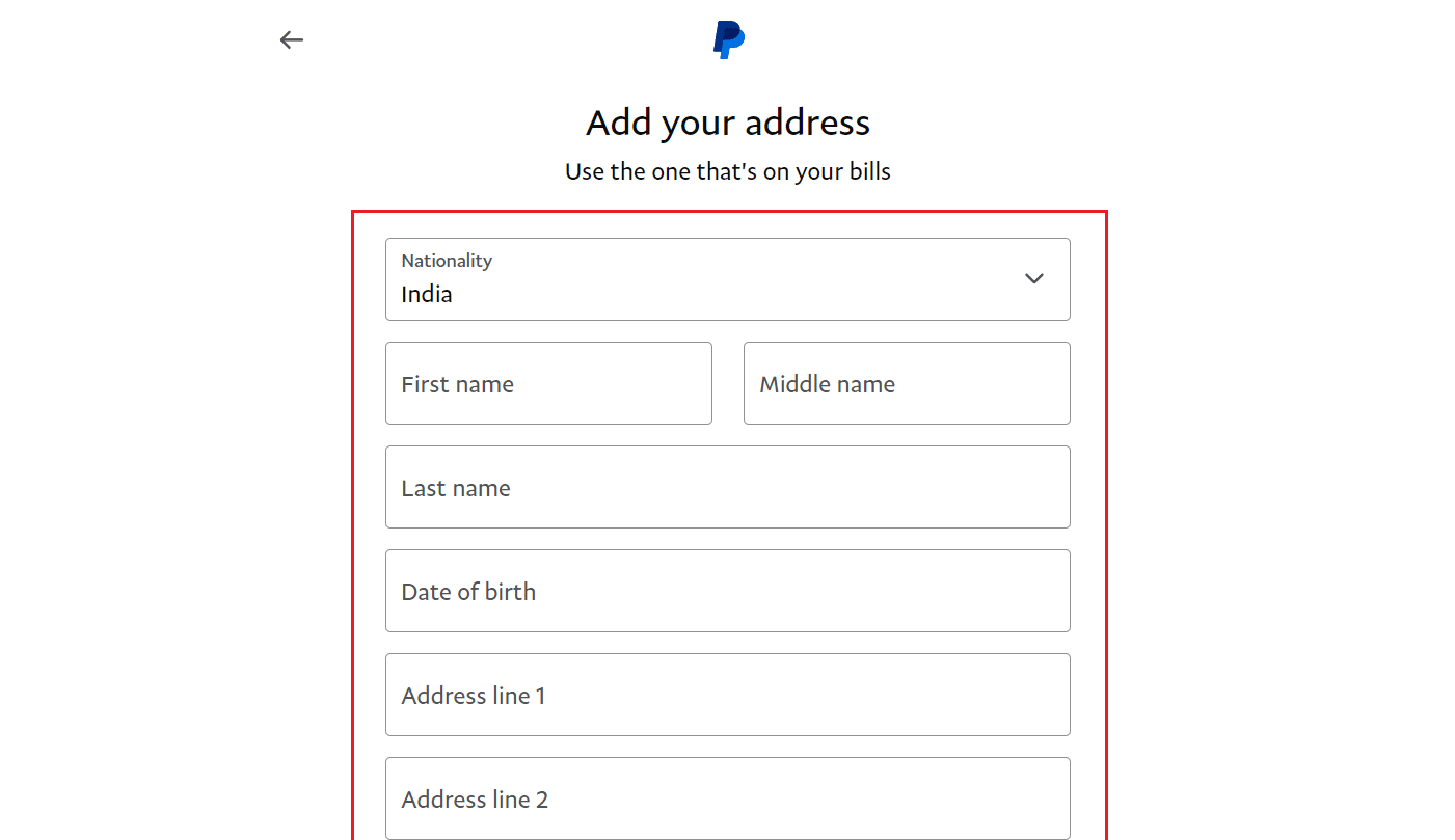 Add your address, name, date of birth, address lines, and PIN code in the respective fields