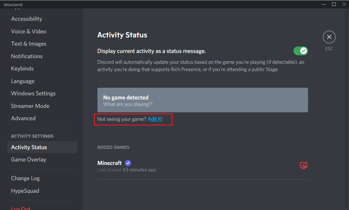 Add your game manually in Discord