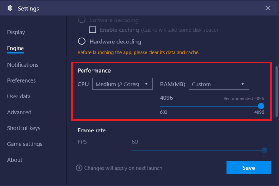 Adjust the RAM (MB) slider to the ‘Recommended Memory’ value then click on Save