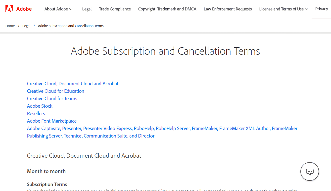 Adobe Subscription and Cancellation Terms webpage