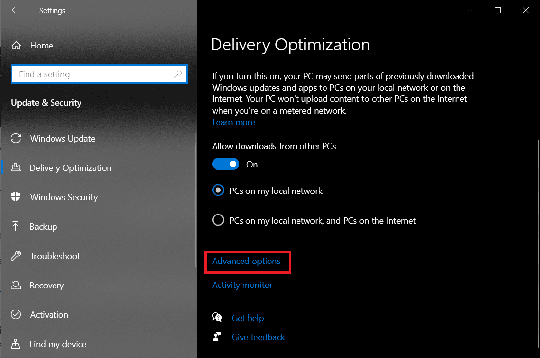 Advanced options under Delivery Optimization