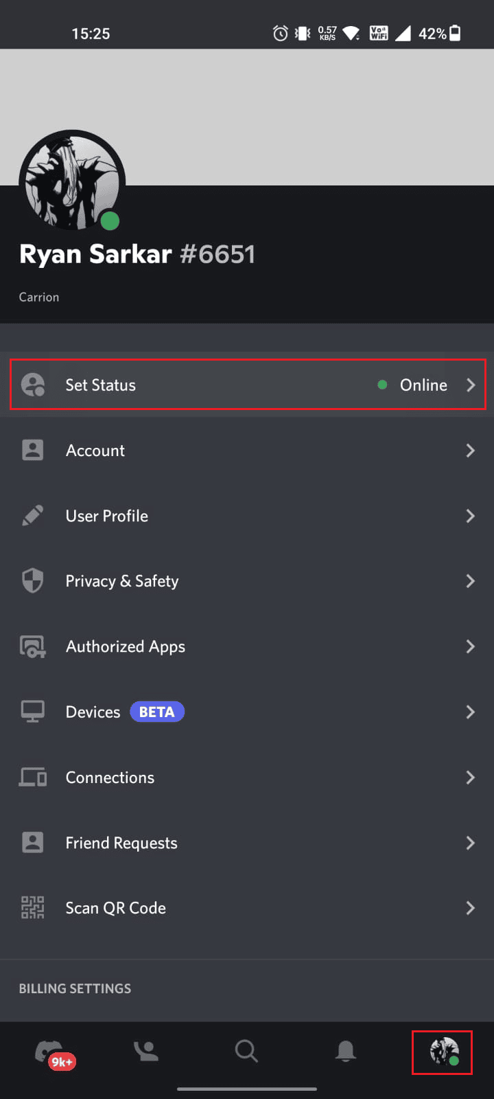 After logging in, tap on the Profile tab - Set Status