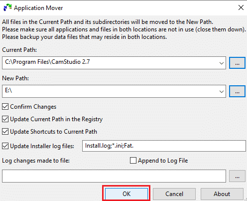 After selecting both the paths, click OK | Move Installed Programs To Another Drive In Windows 10