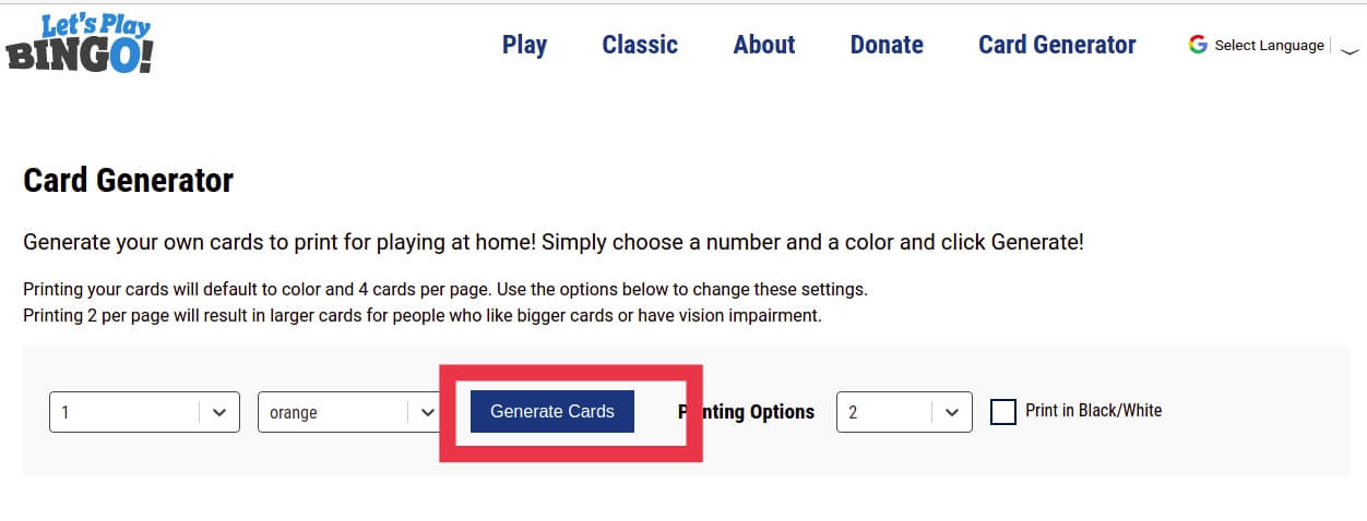 After selecting the appropriate options, click on “Generate Cards”.