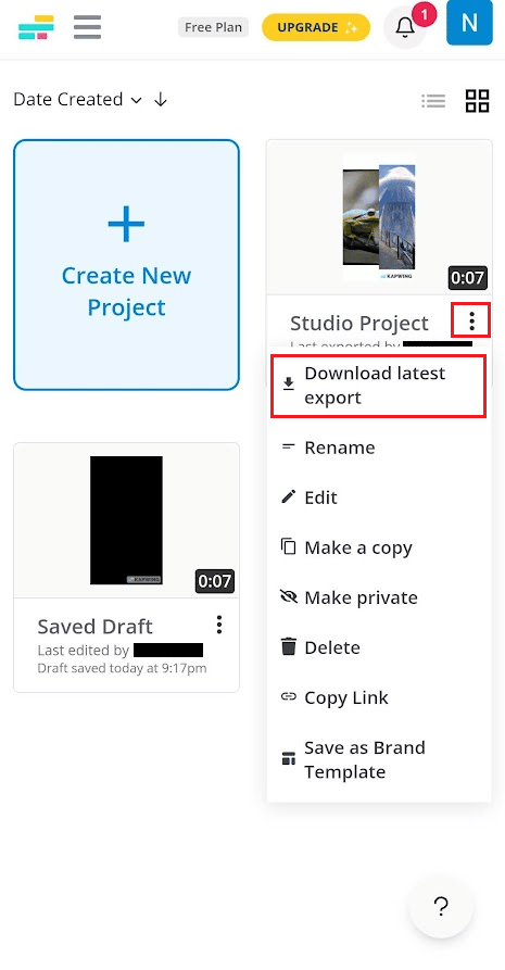 After the Export process completes, return to the home screen and tap on the three-dotted icon - Download latest export option from the exported duet video