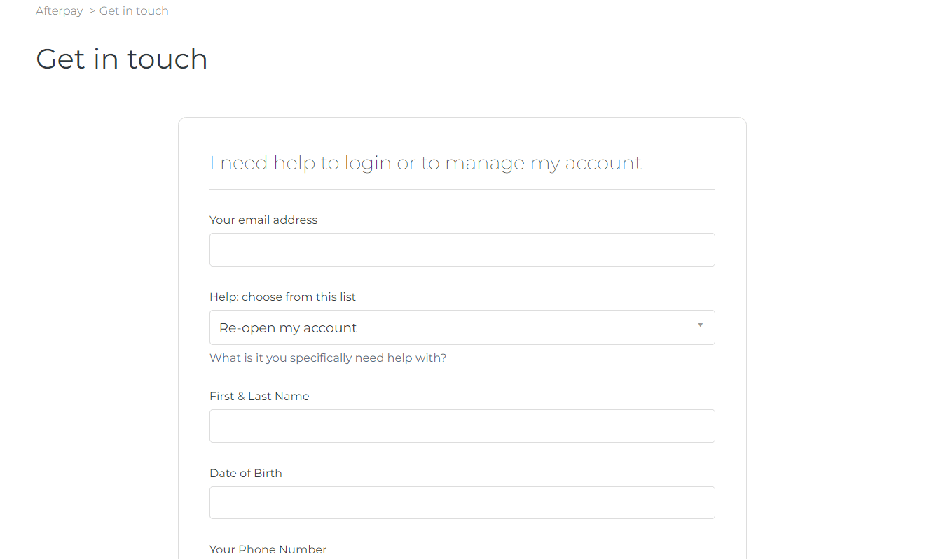 Afterpay help page