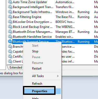 Again Right-Click on Bluetooth Support Service and choose Properties