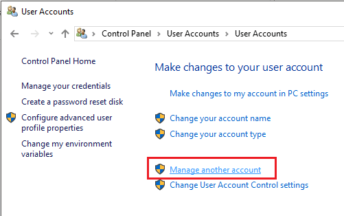 Again click on User Accounts again and then click on Manage another account