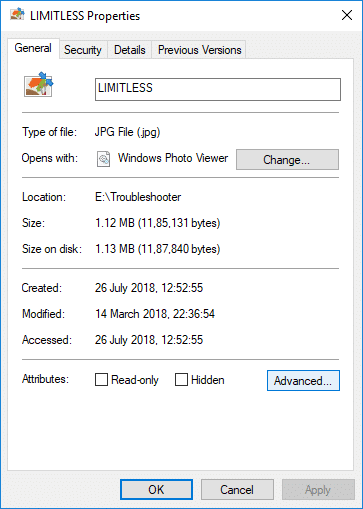 Again switch to General tab then click the Advanced button | Zip or Unzip Files and Folders in Windows 10