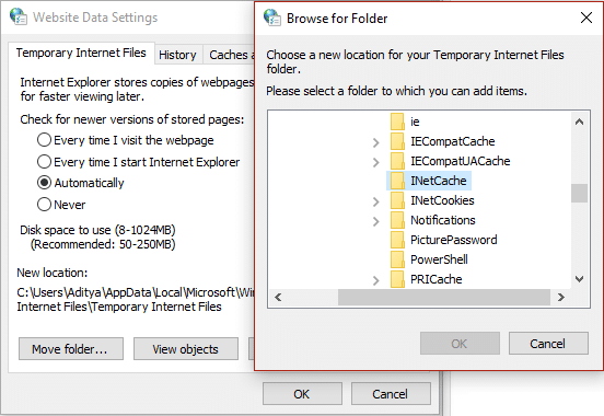 Again change the location on Temporary Internet File to INetCache folder
