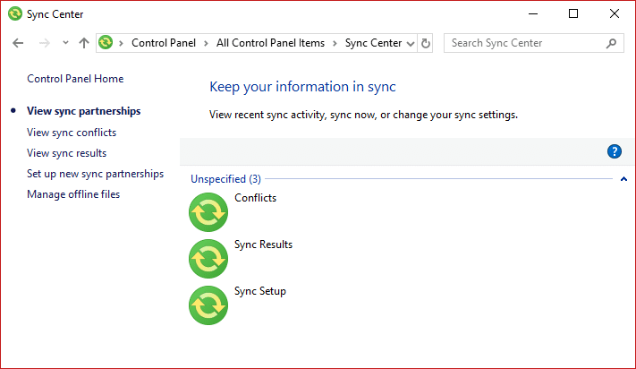 Enable Offline Files in Windows 10 Sync Center 