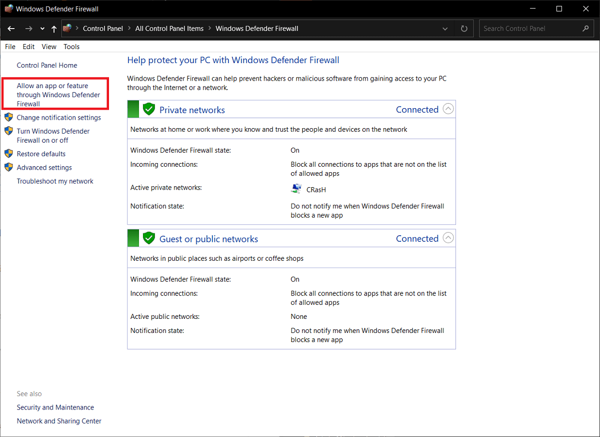 Allow an app or feature through the Windows Defender Firewall