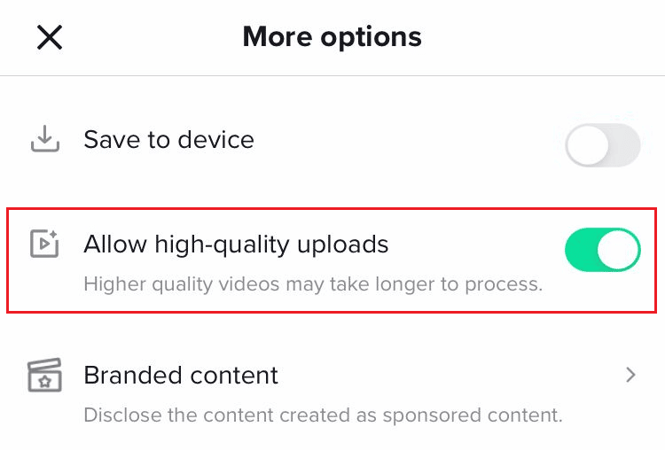 Allow high-quality uploads option from the More options screen