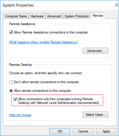 Also checkmark Allow connections only from computers running Remote Desktop with Network Level Authentication