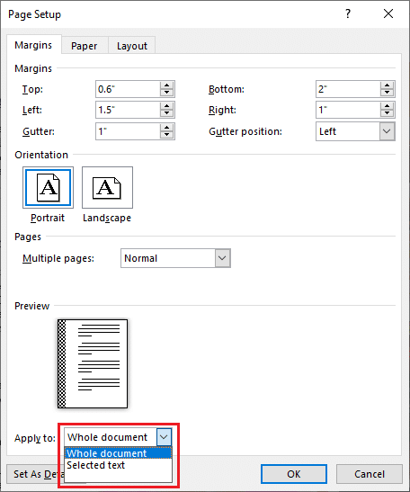 Also, using the Apply to option, select if you would like all pages (Whole document) to have the same margin and gutter space