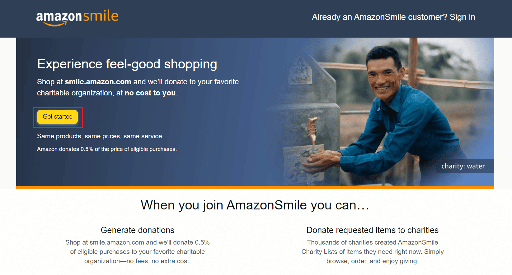 Amazon Smile website - Click on Get Started | How to Login to Your Amazon Smile Account