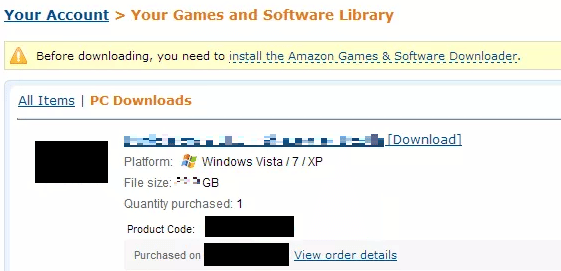 Amazon Your Games and Software Library page