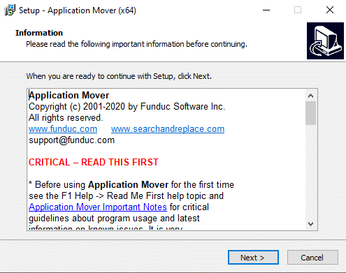 Application Mover setup dialog box will open up