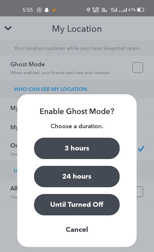 Asking you for three different options 3 hours, 24 hours and Until turned off | Fake or Change Your Location on Snapchat