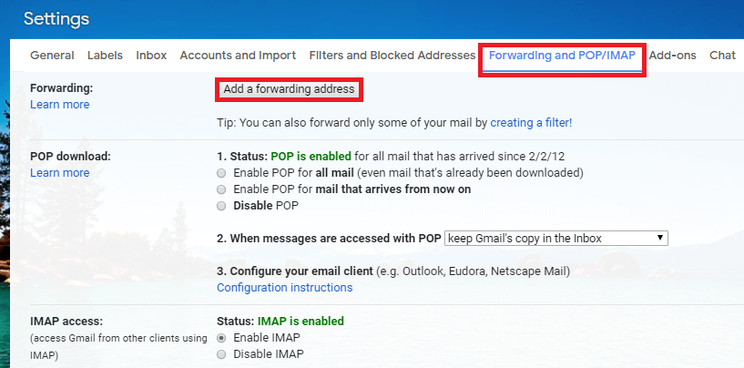 At the top, you will find the ‘Forwarding’ section. Click on ‘Add a forwarding address’.