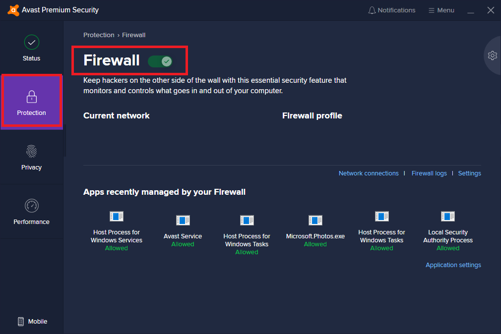 Avast disable Firewall