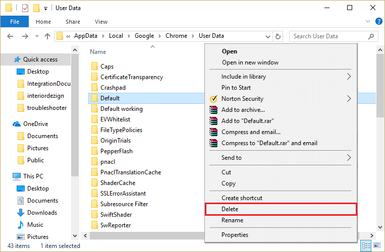 Chrome वापरकर्ता डेटामध्ये डीफॉल्ट फोल्डरचा बॅकअप घ्या आणि नंतर हे फोल्डर हटवा