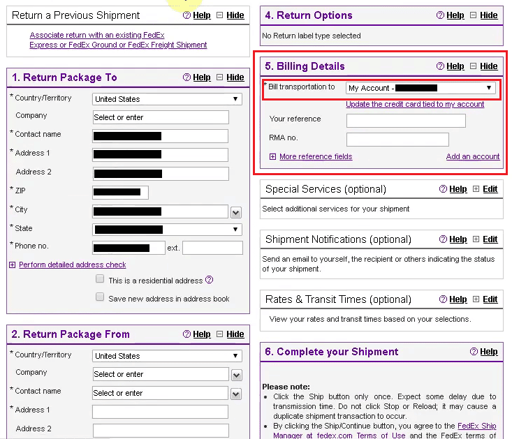 Bill transportation to drop-down option in Billing Details section - -digit FedEx account number
