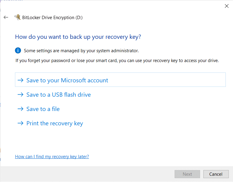 Bitlocker will now ask you your preference for storing the recovery key | How to Enable BitLocker Encryption on Windows 10