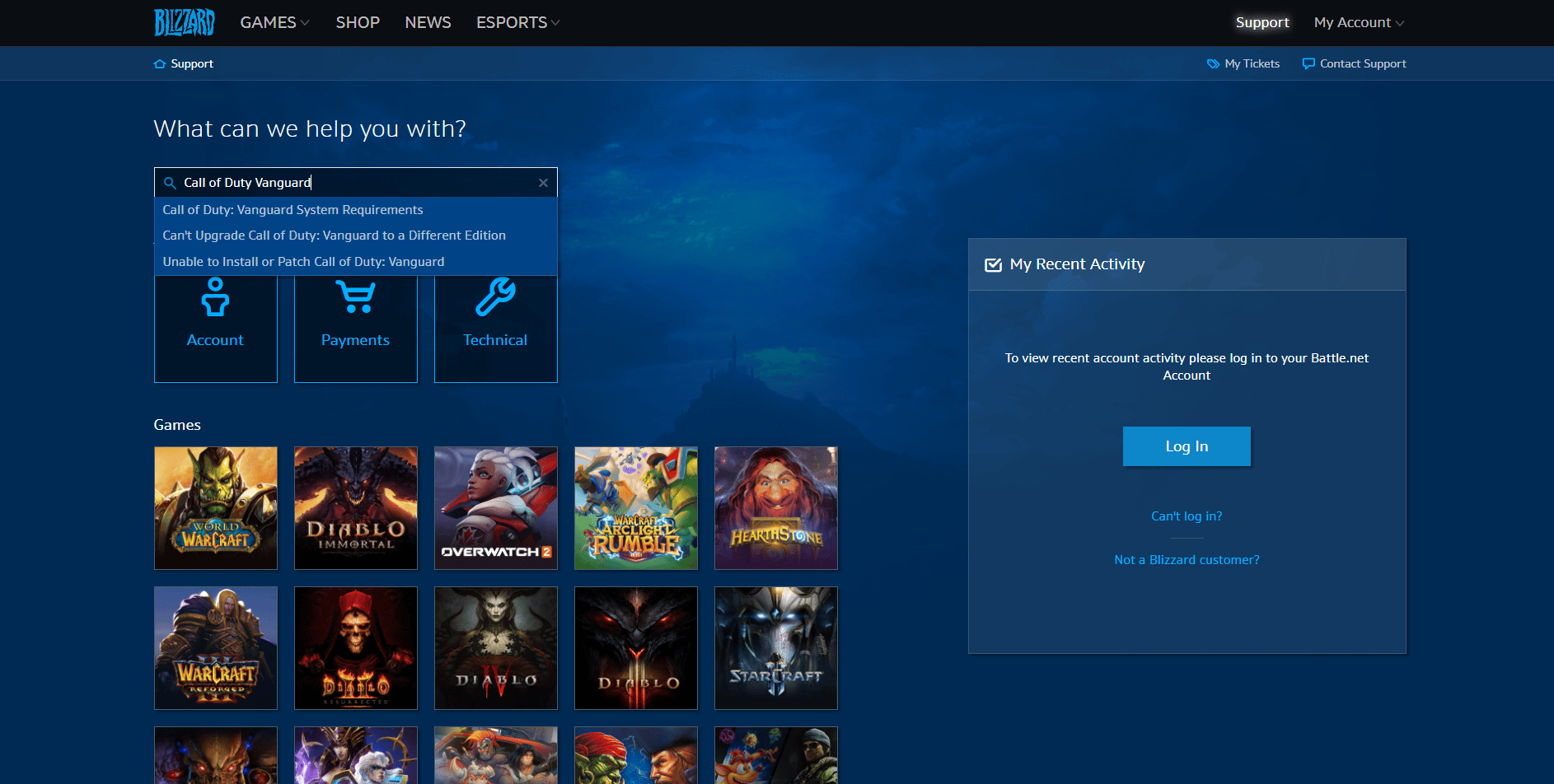 Pagina di supporto Blizzard