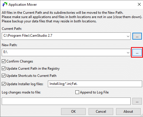 Browse the location for the New path and select the programme you want to move from the C drive