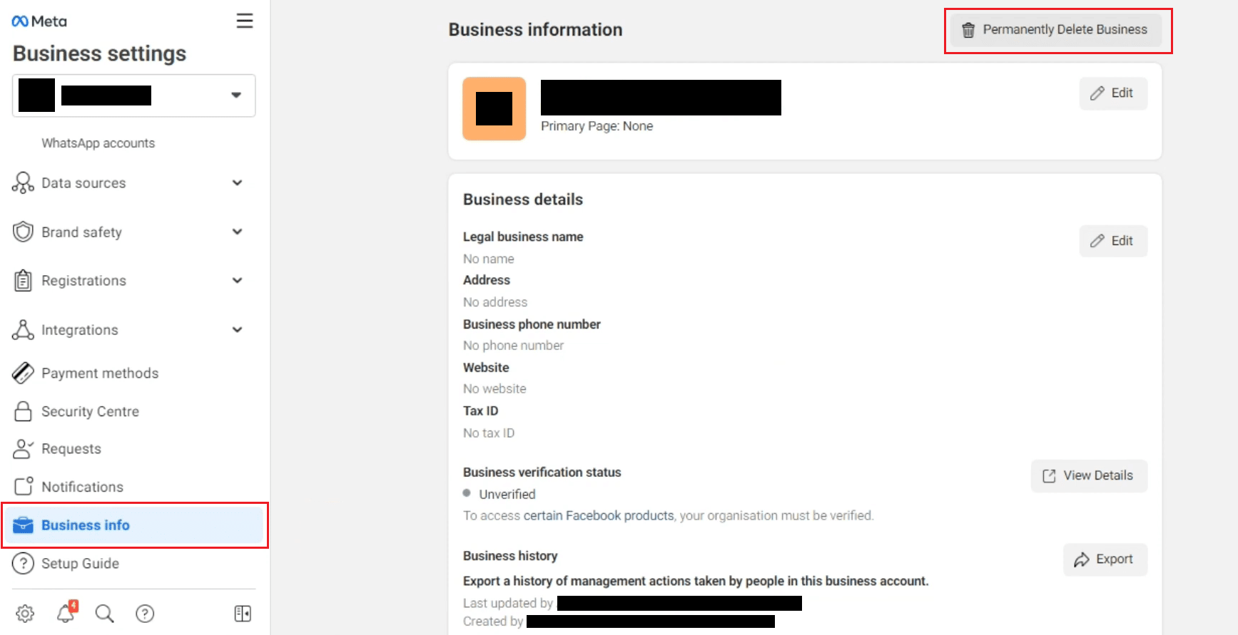 Business info - Permanently Delete Business