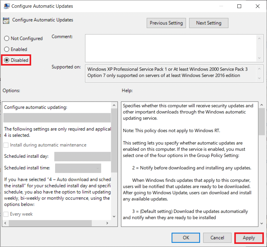 By default, the policy will be Not Configured. If you wish to totally disable automatic updates, select Disabled. | Stop Automatic Updates on Windows 10