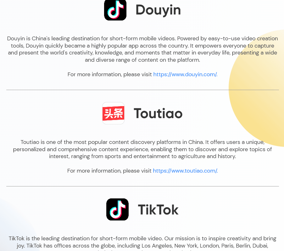 ByteDance products page | 2 TikTok accounts on the same device