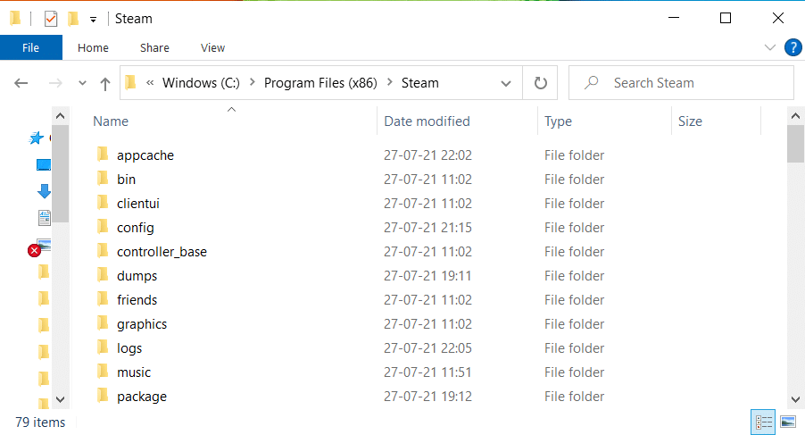 Prejdite na Program Files (x86) a potom na Steam, ako je znázornené.