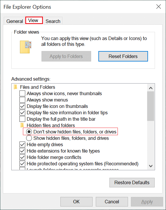 Go to View Tab and tap the radio button associated with “Show hidden files, folders and drives” option.