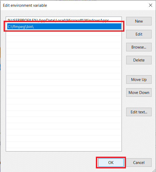 Carefully enter Cffmpegbin followed by OK to save changes