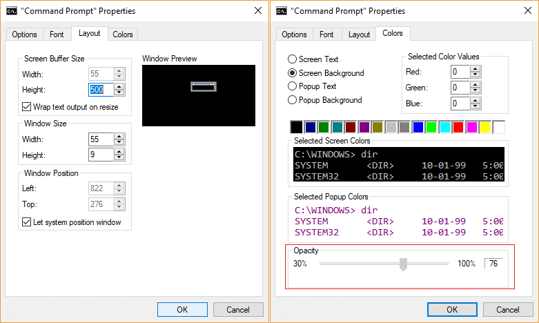 Change Command Prompt Screen Buffer Size and Transparency Level