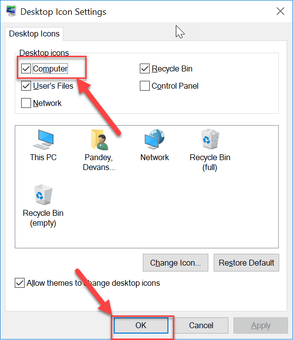 Change Desktop Icon Settings to Fix desktop icon missing in Window 10 issue