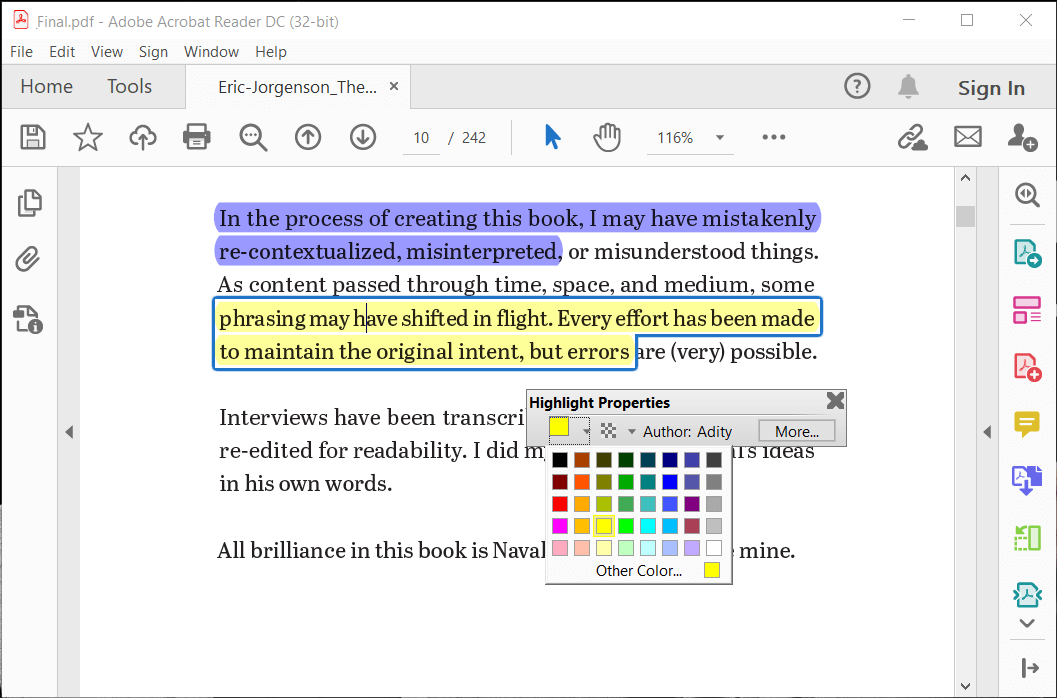Change Highlight Color using Highlighter Tool in Properties Toolbar